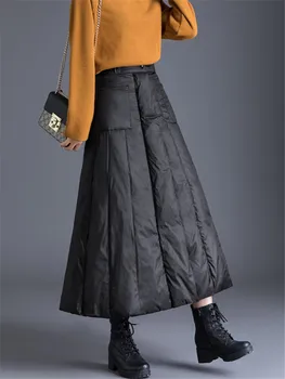 Черная зимняя женская юбка на утином пуху с высокой талией, повседневная ветрозащитная толстая пуховая стеганая юбка, цельнокроеные длинные юбки, сохраняющие тепло  4