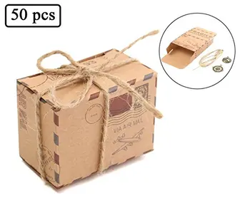 50 шт. / упак. Дизайнерские коробки для конфет на тему путешествий из крафт-бумаги для свадебных подарков с мешковинным шпагатом и металлическим декором  5