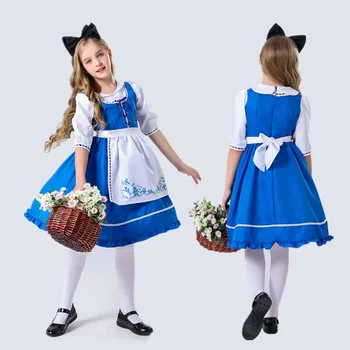 Новое сказочное детское платье горничной, юбка принцессы для девочек, Синее пасторальное платье для выступлений на сцене  5