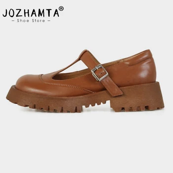 JOZHAMTA Размер 34-39, женские туфли-лодочки на платформе, туфли из натуральной кожи с Т-образным ремешком и пряжкой, лоферы на среднем массивном каблуке, повседневное офисное женское платье  5