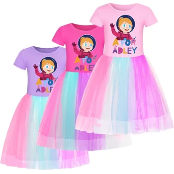 Летнее платье 2023 Girls A for Adley с рисунком из мультфильма, платье-рубашка с круглым вырезом и вышивкой для детей, платье с короткими рукавами  5
