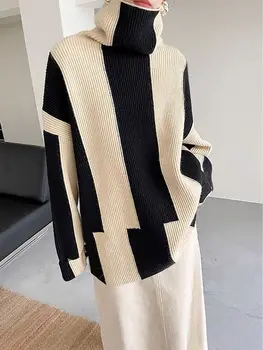 Модные женские свитера 2023 Осень / Зима, черно-белый полосатый свитер с высоким воротом, Корейский стиль, Свободный повседневный пуловер с длинными рукавами  10