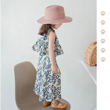 Menoea/ Новая повседневная одежда для маленьких девочек, летний комплект для девочек, рубашка без рукавов с цветочным рисунком + брюки, костюм в стиле ретро с цветочным рисунком, бутик детской одежды, комплекты  5