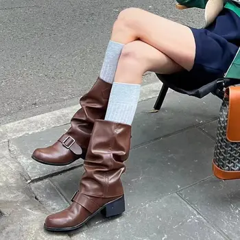 Сапоги Женские короткие кожаные ботинки на платформе с черной дизайнерской пряжкой для ремня, новые рок-туфли, пинетки на платформе в ковбойском стиле в стиле панк  5