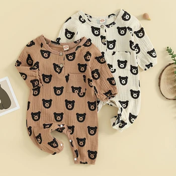 Весенне-осенняя одежда для младенцев, хлопковый комбинезон для девочек, комбинезон с длинными рукавами и пуговицами с рисунком милого медведя для новорожденных  5
