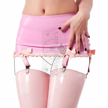 Сексуальные юбки из латекса двух розовых цветов с бантиками и оборками, с резиновыми подвязками для чулок  5