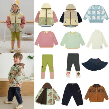 Корейская Детская куртка-пальто 2023 Осень-зима Ps Леггинсы в стиле пэчворк для девочек, брюки для мальчиков, Детские футболки с героями мультфильмов, одежда с длинными рукавами  4