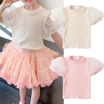 Однотонные футболки с пузырчатыми рукавами для девочек, летний новый детский модный топ из сшитой пряжи с коротким рукавом  5