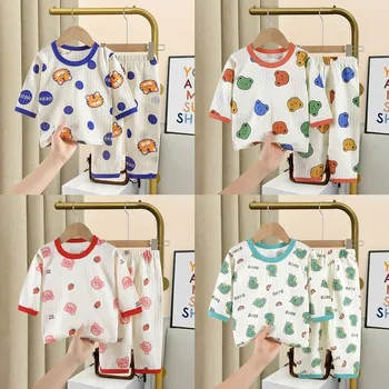 2023 Новый комплект пижам для мальчиков и девочек, костюм для малышей, детская домашняя одежда, костюм из 2 предметов, летняя одежда для отдыха, одежда с семью рукавами  5