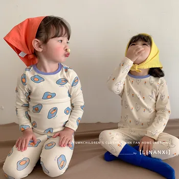 Пижамные комплекты из чистого хлопка, Корейский комплект одежды для маленьких девочек и мальчиков, Комплекты нижнего белья, детская одежда, Зимняя одежда для сна, детская одежда  5