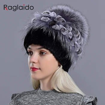женская шапка из натурального меха норки с лисьим помпоном и цветами кролика, стильная теплая зимняя шапка из натурального меха для девочек, вязаная  5