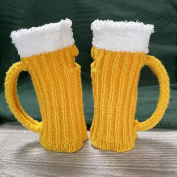 Унисекс 3D Перчатки для пивных кружек Новые Желтые Шерстяные Вязаные Забавные перчатки для пивных бокалов Теплые перчатки на полпальца Осень и зима  5