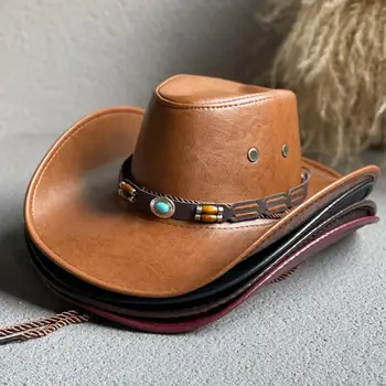 Мужская и женская ковбойская шляпа, повседневная ковбойская шляпа, винтажная ковбойская шляпа в западном стиле с ретро-этническим декором на поясе, регулируемая Мужская для ковбоек  5