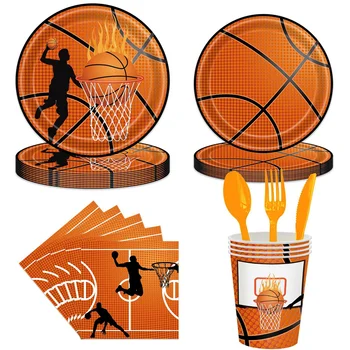 Принадлежности для баскетбольных вечеринок Одноразовая посуда Бумажные Тарелки Салфетки Спортивная Тематика Украшения для Дня рождения мальчиков Детский Душ  4