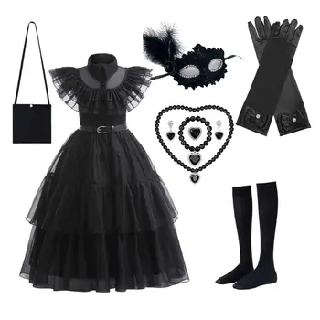 Костюмы Wednesday Addams для девочек, платья для косплея на Хэллоуин, детские карнавальные платья с готическим ветром от 3 до 12 лет  5