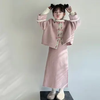 Костюм для девочек Зима 2023, Новый костюм китайской династии Тан, шерстяное пальто, юбка-полукомбинезон в национальном стиле, новогодний костюм-двойка  3