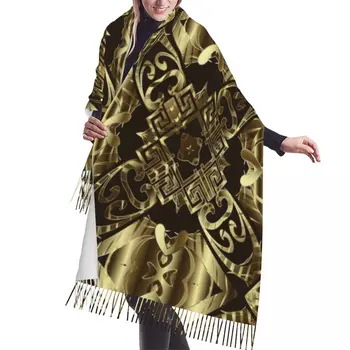 Зимний шарф с кисточками, женские кашемировые шарфы в стиле золотого барокко, теплая женская шаль из пашмины, бандана-обертка  4