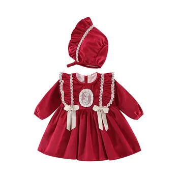 Юбка для девочек со шляпой, платье принцессы, осенняя детская повседневная одежда в стиле ретро с длинным рукавом для Дня рождения, детская одежда для малышей  4