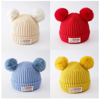 Зимняя детская вязаная шапочка, модный мультяшный плюшевый мяч, теплая детская шапка для мальчиков и девочек, теплые вязаные шапки в Корейском стиле  5
