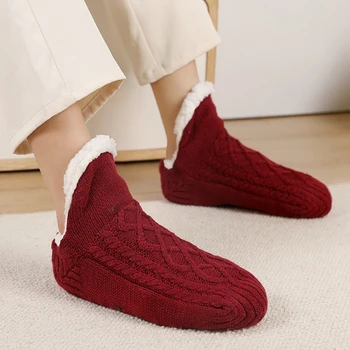 Новые утолщенные зимние тканые носки для пола, Женские Мужские носки, домашние теплые носки для пола, нескользящие плюшевые бархатные тапочки, носки-лодочки  5