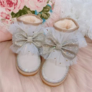 Зимние флисовые теплые ботинки с украшением в виде бабочки Rhinediamond, детские цельнокроеные ботинки ручной работы на заказ, большие размеры 35-39  5