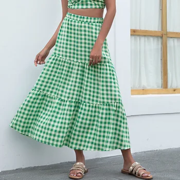 Клетчатая юбка для женщин, Летние Свободные Повседневные пляжные винтажные женские длинные юбки с принтом  4