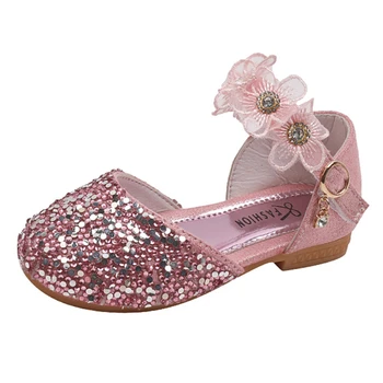 Летние детские сандалии, туфли принцессы с кристаллами для девочек, модная повседневная обувь с мягкой подошвой для девочек-цветочниц с блестками  10