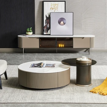 Персонализированный круглый чайный столик с каменной плитой, комбинация шкафов для телевизора, Дизайнерский стиль гостиной, современный и простой круглый чайный столик  10