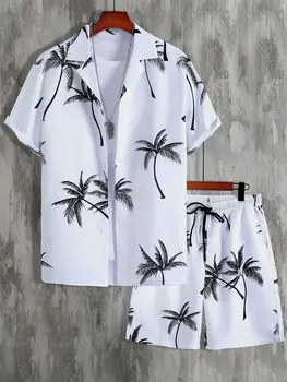 Мужская рубашка с произвольным рисунком пальмы и шорты с завязками на талии без футболки  5