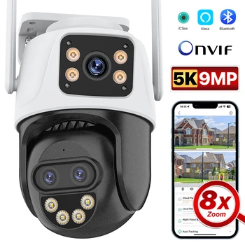 WiFi PTZ-Камера С Тремя Объективами с 8-кратным Зумом 9MP 5K HD IP-камера Безопасности с автоматическим отслеживанием AI 4MP Наружное Видеонаблюдение P2P iCSee  5