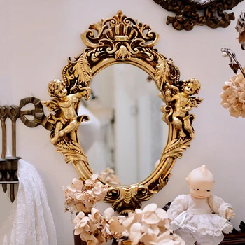 Новое изысканное роскошное золотое зеркало с рельефом ангела в стиле французского рококо, настенное зеркало для макияжа в комнате, настенное декоративное зеркало  10