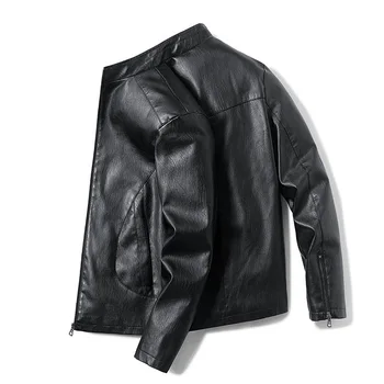 Новая мужская повседневная куртка из искусственной кожи со стоячим воротником и бархатной теплой зимней мужской короткой тонкой кожаной курткой пилота мотоцикла  5