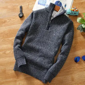 Модный Осенне-зимний мужской свитер, флисовый пуловер, более толстая Водолазка на молнии, теплые вязаные свитера, мужские приталенные пуловеры  5