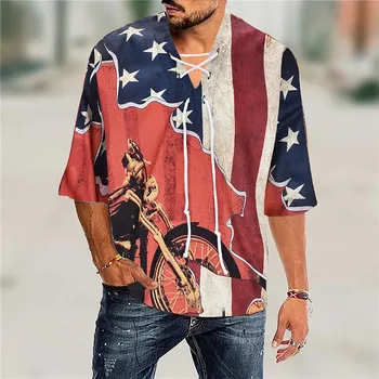 Мужская пляжная рубашка в День независимости с коротким рукавом, V-образным вырезом и принтованным шнурком  3