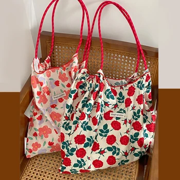 Маленькие многоразовые хозяйственные сумки в цветочек, повседневные сумки-тоут большой емкости для женщин, сумка через плечо с цветочным принтом Ins  5
