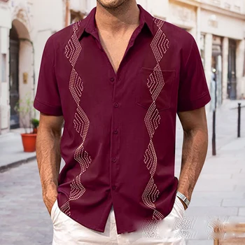 Сезон: весна-лето, новая мужская модная рубашка с вышивкой, кардиган с короткими рукавами, топы, льняные рубашки на пуговицах с лацканами, Гавайская блузка, уличная одежда  5
