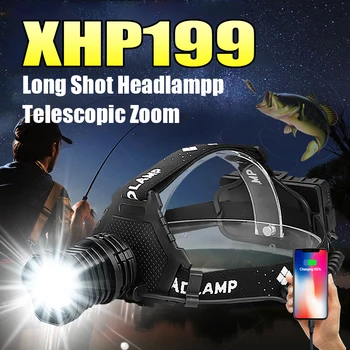 XHP199 Налобный фонарь высокой мощности, наружная светодиодная фара с зумом, USB Перезаряжаемый головной фонарь, фонарь для рыбалки, охоты, Мощный портативный фонарь  10