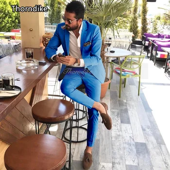 Классические синие мужские костюмы Thorndike 2023 С остроконечными лацканами, сшитые на заказ Свадебные смокинги, приталенные мужские костюмы (пиджак + брюки)  1