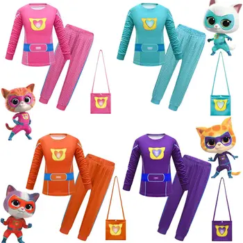 Новые Superkitties, Комплект детской одежды для косплея, повседневная футболка с длинными рукавами и рисунком для мальчиков и девочек, штаны, комплекты из 2 предметов, Детская одежда для Хэллоуина  0