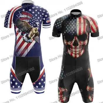 Мужская велосипедная майка с черепом американского флага и орлом, комплект летней велосипедной одежды, рубашка для шоссейных гонок, костюм для горного велосипеда, нагрудник, шорты  5
