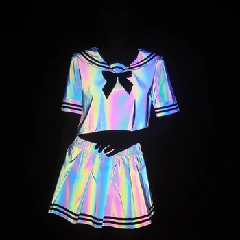 Яркая светоотражающая Сексуальная рубашка, Женская плиссированная юбка, комплект из двух предметов, Кавайная блузка, Faldas, Светоотражающая школьная форма, матросский костюм  5