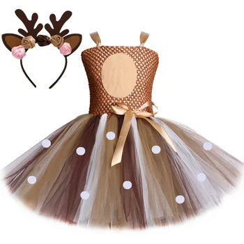 Костюм оленя для девочек на Хэллоуин, Рождественское платье-пачка, маскарадный костюм оленя лося, детская одежда для вечеринки по случаю дня рождения для девочек от 1 до 12 лет  0