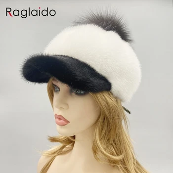Женские шапки из меха норки, шапка с помпоном, зимняя теплая бейсболка из натурального роскошного меха, высококачественные женские стильные головные уборы  5