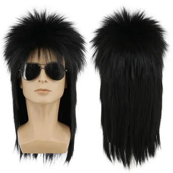 Черные мужские длинные синтетические парики для косплея на Хэллоуин С челкой, прямые волосы, элитная дискотека 80-х, вечеринка в стиле Рок, женские парики  5