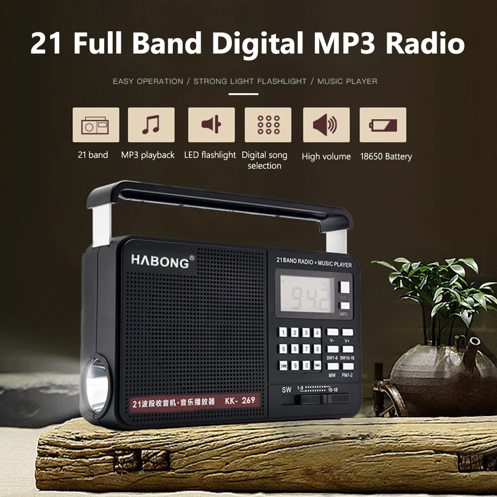 Динамик радио AM FM SW, цифровой дисплей, 21 Полнодиапазонный динамик радиоприемника, мощный светодиодный фонарик, поддержка USB-зарядки, карта TF