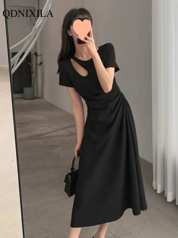 Летние платья для женщин 2023 Корейская мода Повседневные Черные длинные платья Шикарные и элегантные Женские облегающие однотонные платья с полыми складками