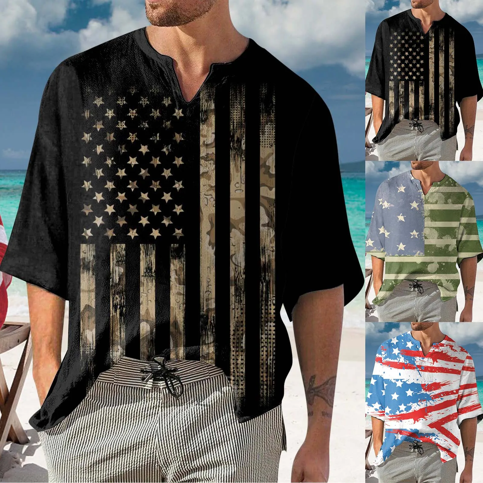 Мужская летняя повседневная футболка с короткими рукавами в День независимости, свободная футболка с V-образным вырезом и принтом.