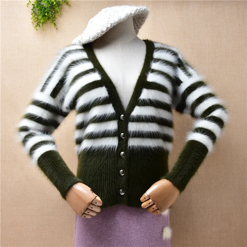 дамы женская мода полосатый волосатый норковый кашемировый вязаный тонкий кардиган с v-образным вырезом из ангорского кроличьего меха, куртка, пальто, свитер, топы